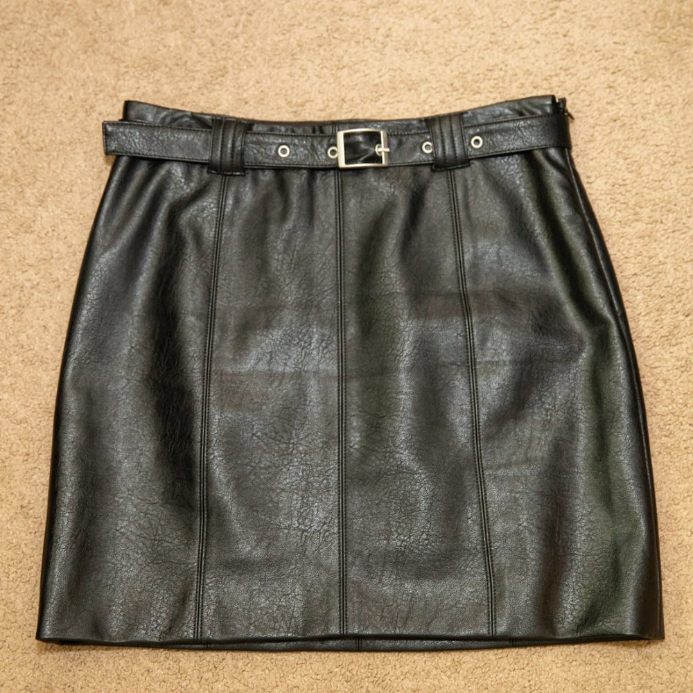 UO Black Leather Sean Belted Mini Skirt